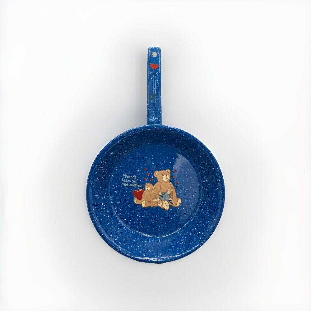 Vintage Blue Speckled Enamel Frying Pan Teddy Bears Friends Lean On One Another